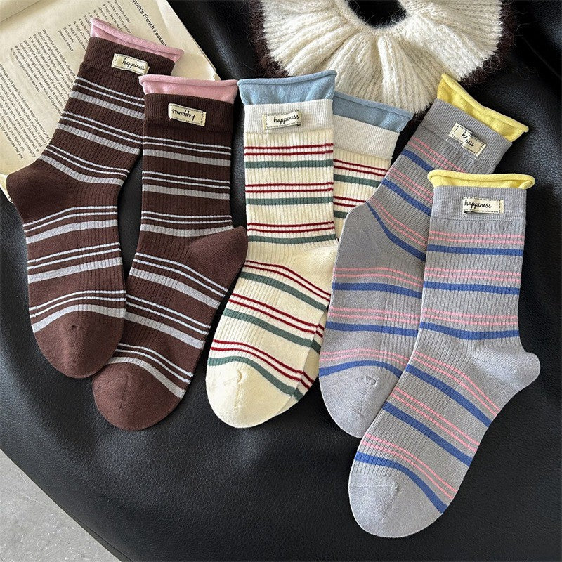 Retro Striped Knit Quarter Socks (5 Pairs) - Multicolor - EU36-42(US3-8.5) - image 15