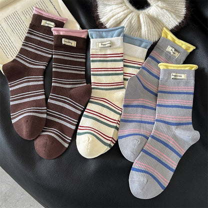 Retro Striped Knit Quarter Socks (5 Pairs) - Multicolor - EU36-42(US3-8.5) - image 15