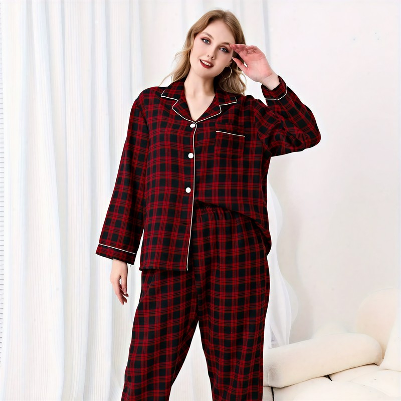 Red Plaid Contrast Trim Pajama Set - image 2