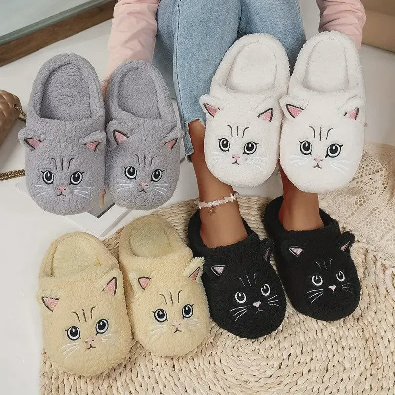 Warm Cozy Cat Face Plush Indoor House Slippers - image 0