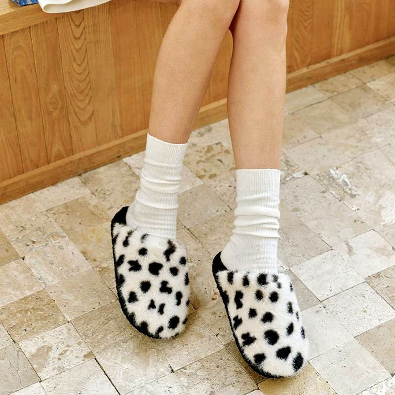 Cow Print Plush Lined Cozy Warm House Slippers - image 1