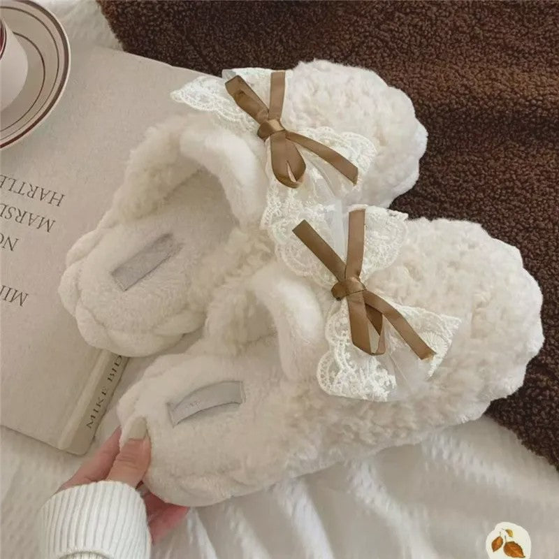 Lace Bow Plush Knit Cuff Slippers - image 2