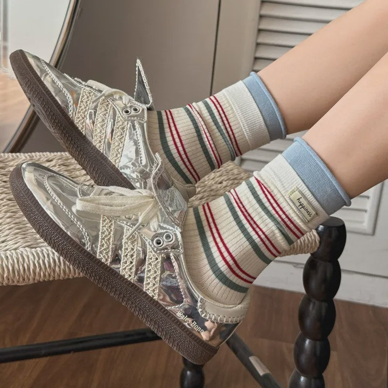 Retro Striped Knit Quarter Socks (5 Pairs) - image 4