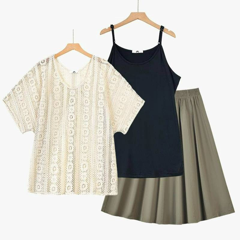 Lace Cover Up Cami and Midi Skirt Three Piece Set - 3Pcs Set (Black) - 6XL - image 0