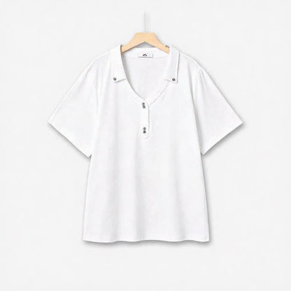 Snap Collar V Neck Casual Top - White - 6XL - image 1