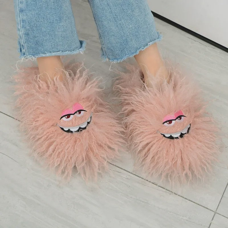 Pink Fluffy Cartoon Eye Indoor Slippers - image 0