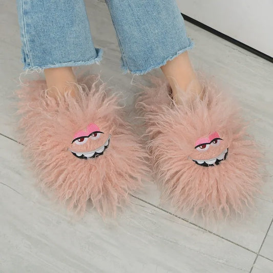 Pink Fluffy Cartoon Eye Indoor Slippers - image 0