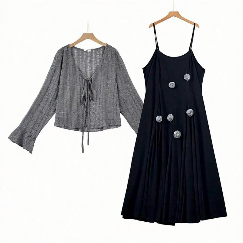 Floral Applique Tie-Front Two-Piece Dress Set - Black - 6XL - image 0